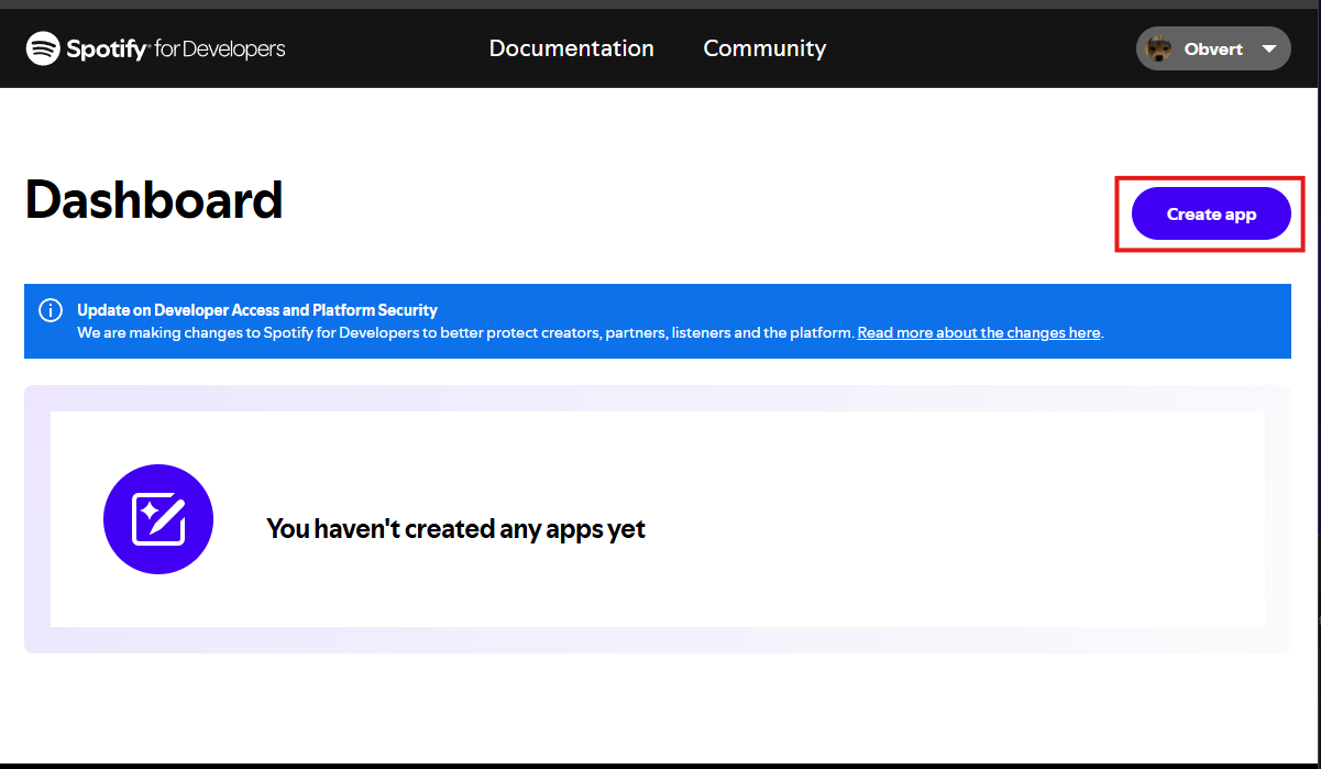 Spotify Developer Dashboard — click Create app